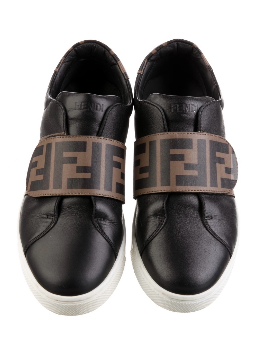 Fendi Black Leather Sneakers with Brown FF Logo Strap and White Sole